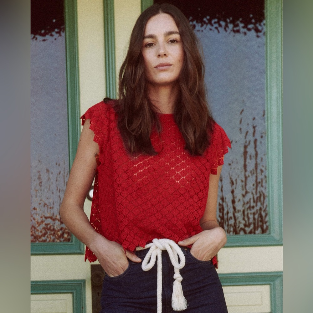 THE GREAT. Red Lace Blouse